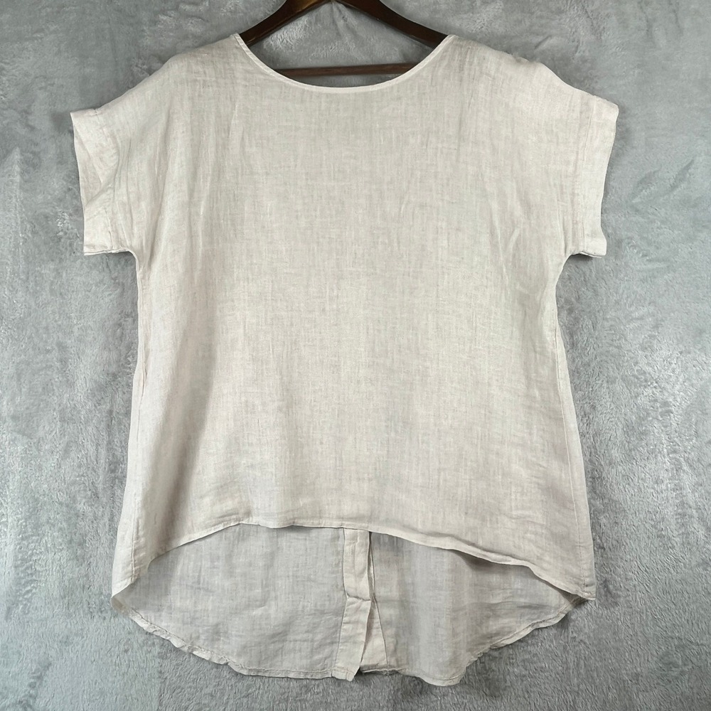 Terzo Millennio Italy 100% Linen Hi Low Top L Beige Oatmeal Back Button Blouse